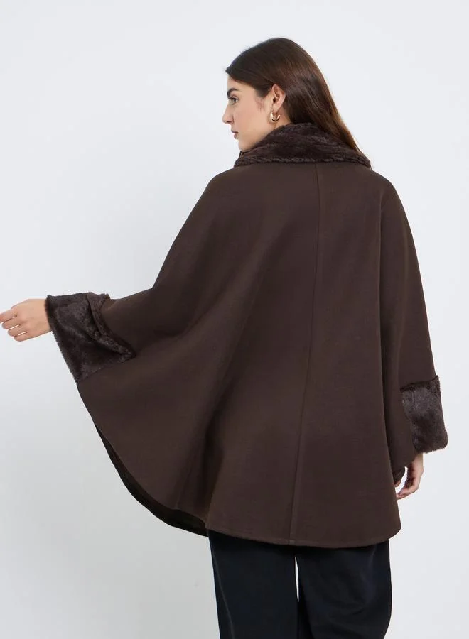 Styli Oversized Faux Fur Trim Wool Like Cape Coat
