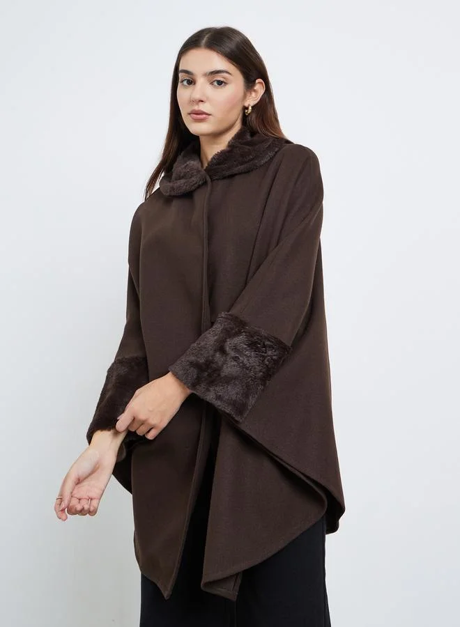 Styli Oversized Faux Fur Trim Wool Like Cape Coat