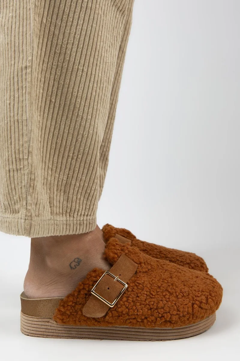 Manijero Manijero Juno Women's Textile Fur-Lined Genuine Leather Belted Buckle Tan Slippers