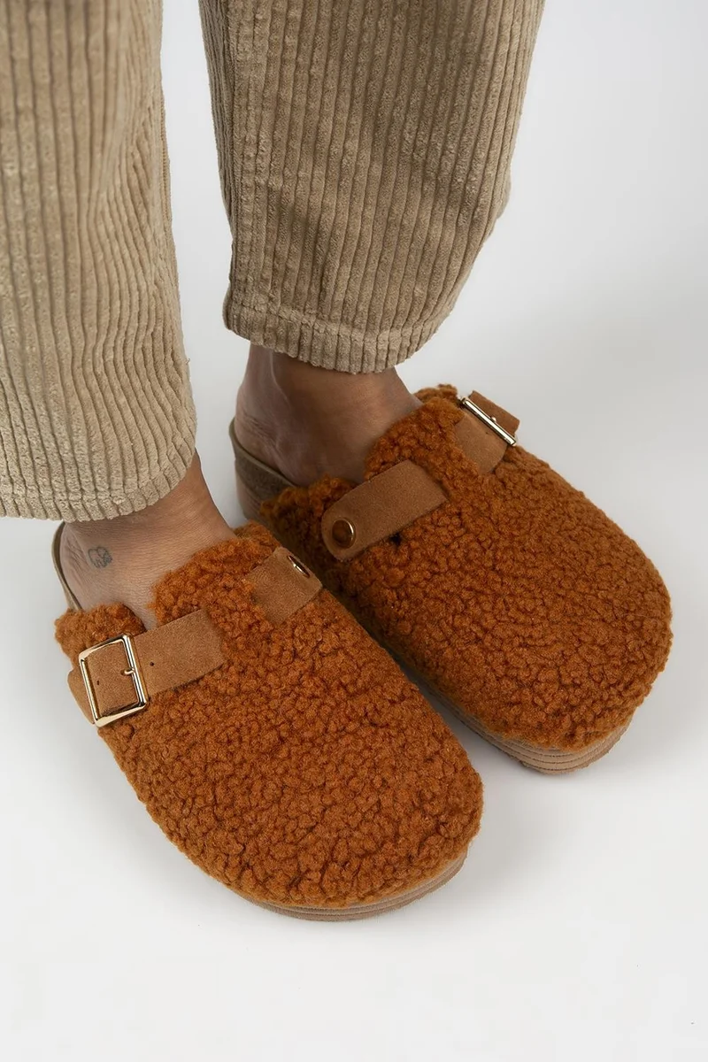 Manijero Manijero Juno Women's Textile Fur-Lined Genuine Leather Belted Buckle Tan Slippers