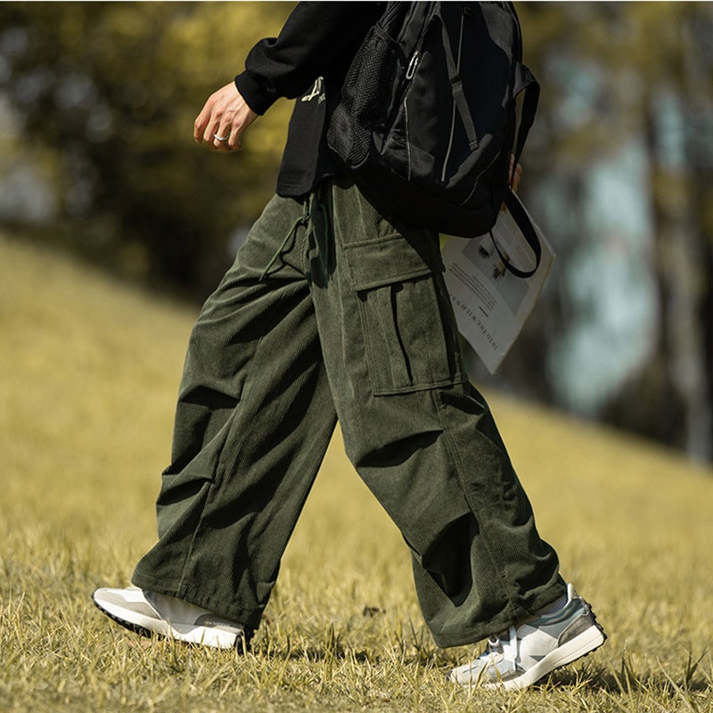 Japanese Style cityboy Overalls Mens Autumn and Winter Large Size Sports Casual Fleece-Lined Thickened Corduroy Loose Wide-Leg Pants Black  - Image 2