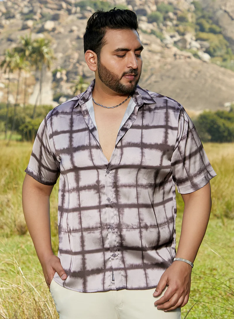 Instafab Plus Instafab Plus Men's Charcoal Grey Dye-Graph Satin Shirt For Casual Wear | Spread Collar | Short Regular Sleeves | Button Closure | Plus Size Shirt Crafted With Comfort Fit For Everyday Wear