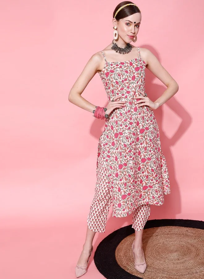 Indo Street Floral Printed Pure Cotton Kurta With Trousers For Women