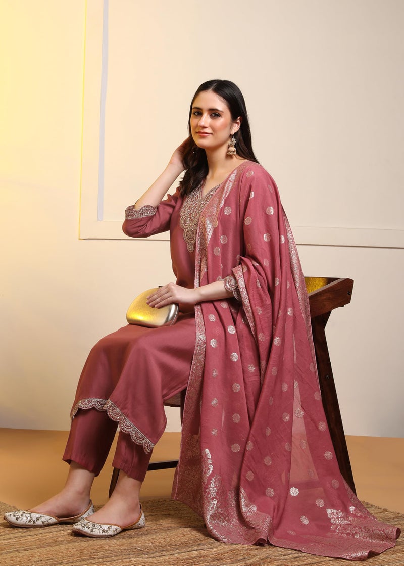 Memore Women's Roman Silk Embroidered Kurta Pant Set with Jacquard Silk Dupatta V Neck 3/4 Sleeves Straight Calf Length and Solid Bottom One Side Elastic Waistband Pull On Closure | Gajri_S - Image 4