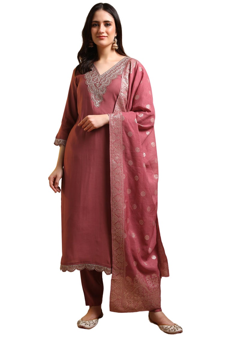 Memore Women's Roman Silk Embroidered Kurta Pant Set with Jacquard Silk Dupatta V Neck 3/4 Sleeves Straight Calf Length and Solid Bottom One Side Elastic Waistband Pull On Closure | Gajri_S - Image 1
