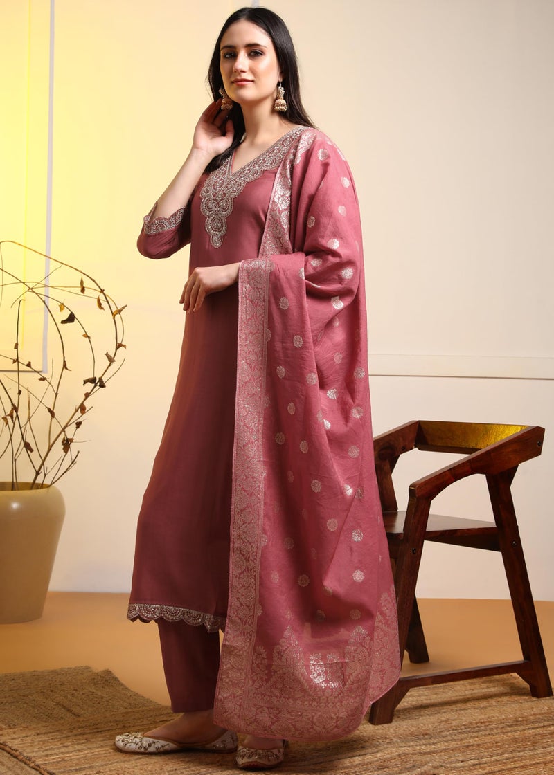 Memore Women's Roman Silk Embroidered Kurta Pant Set with Jacquard Silk Dupatta V Neck 3/4 Sleeves Straight Calf Length and Solid Bottom One Side Elastic Waistband Pull On Closure | Gajri_S - Image 3