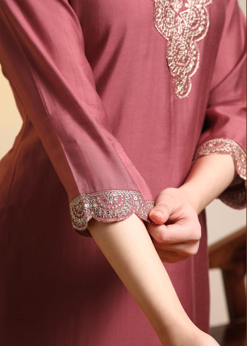 Memore Women's Roman Silk Embroidered Kurta Pant Set with Jacquard Silk Dupatta V Neck 3/4 Sleeves Straight Calf Length and Solid Bottom One Side Elastic Waistband Pull On Closure | Gajri_S - Image 5