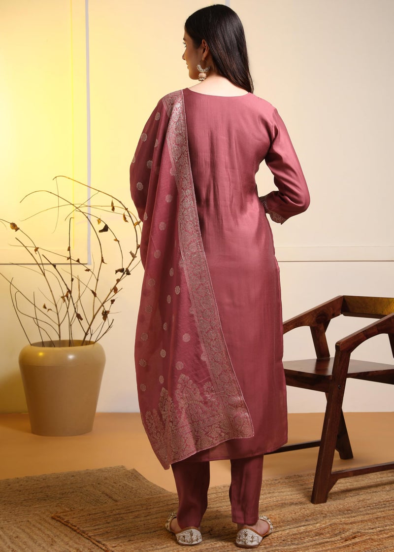 Memore Women's Roman Silk Embroidered Kurta Pant Set with Jacquard Silk Dupatta V Neck 3/4 Sleeves Straight Calf Length and Solid Bottom One Side Elastic Waistband Pull On Closure | Gajri_S - Image 2