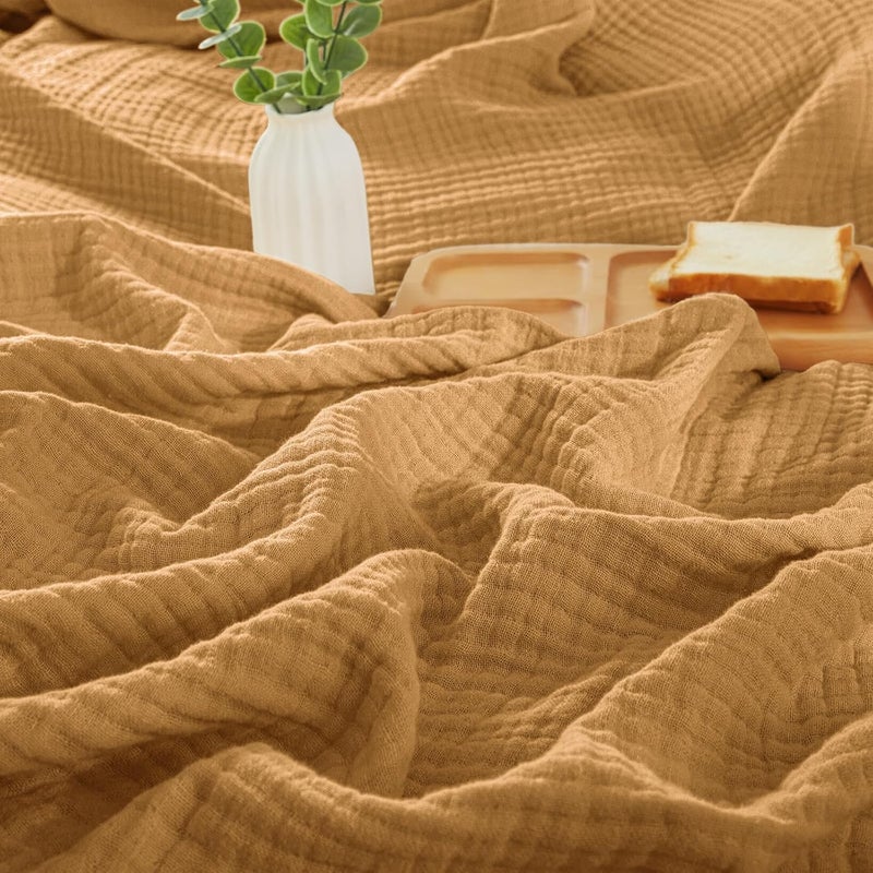 PHF 100% Cotton Muslin Throw Blanket 50" x 60", 4-Layer Lightweight Gauze Throw, Breathable Cloud-Soft Minimalist Blanket for Bed, Couch, Camping & Baby, Honey Yellow, Ideal Gift - Image 1
