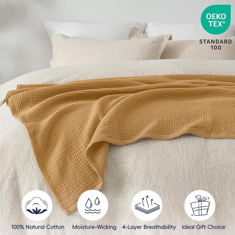 PHF 100% Cotton Muslin Throw Blanket 50" x 60", 4-Layer Lightweight Gauze Throw, Breathable Cloud-Soft Minimalist Blanket for Bed, Couch, Camping & Baby, Honey Yellow, Ideal Gift - Image 4