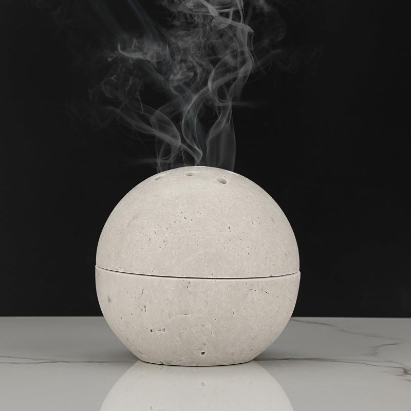 ELLDOO Natural Travertine Incense Holder, Home Decor Handmade Ball Shape Incense Cone Burner for Yoga Meditation SPA Reading, Gray - Image 1