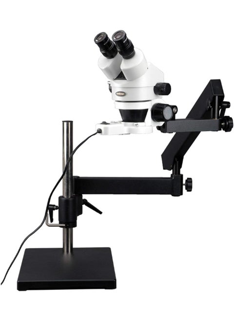 AmScope SM7BFRL Professional Binocular Stereo Zoom Microscope WH10x Eyepieces 7X45X Magnification 07X45X Zoom Objective 8W Fluorescent Ring Light ArticulatingArm Boom Stand 110V120V