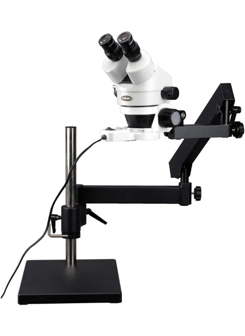 AmScope AmScope SM7BFRL Professional Binocular Stereo Zoom Microscope WH10x Eyepieces 7X45X Magnification 07X45X Zoom Objective 8W Fluorescent Ring Light ArticulatingArm Boom Stand 110V120V  - Image 1