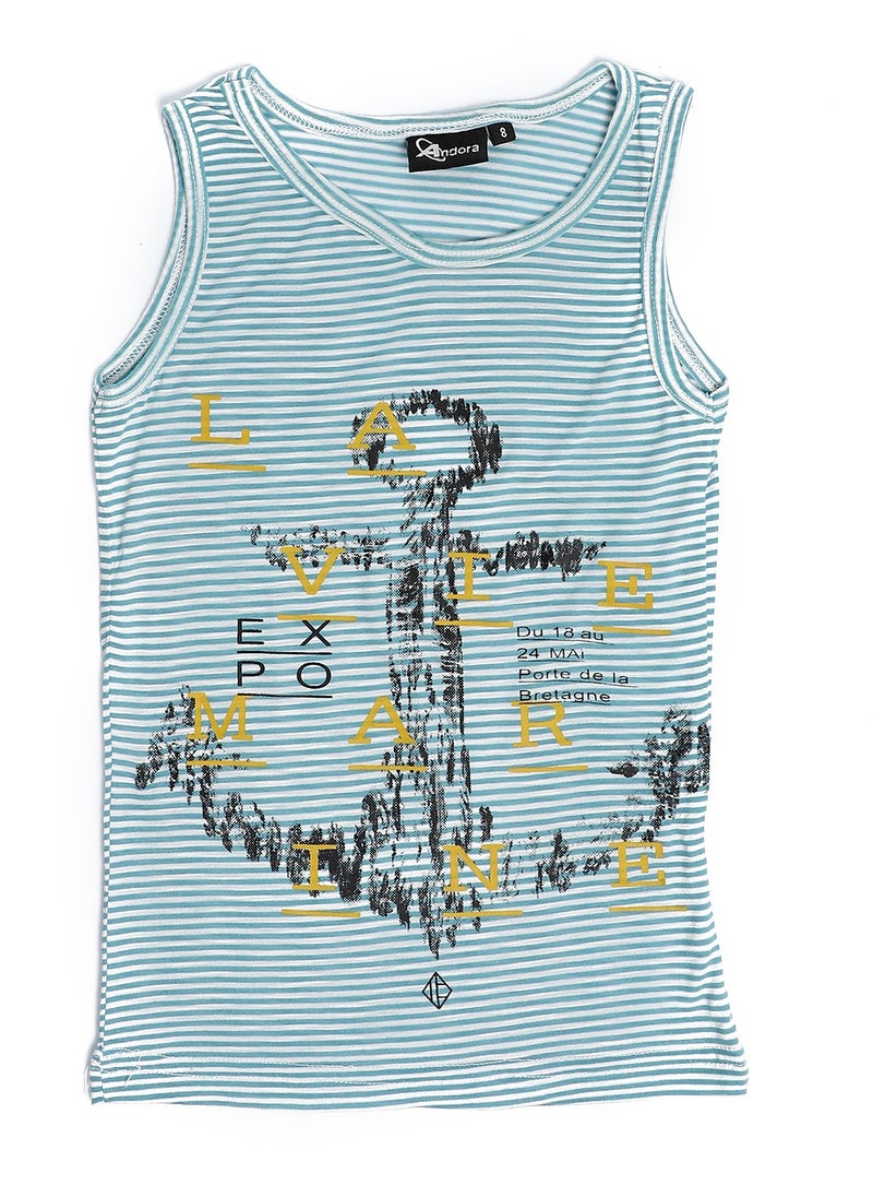 Andora Boys Striped & Printed Tank Top - Light Blue & Off White  - Image 1