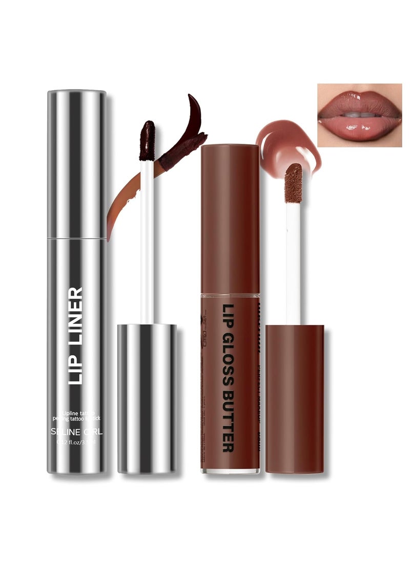 HOSAILY Peel Off Lip Liner Stain Tattoo Long Lasting Waterproof Lip Stain Peel off Tattoo Nude Lip Liner and Lip Gloss Combo NonStick Cup Nourishing Lip Butter Gloss Set Lipstick Makeup 