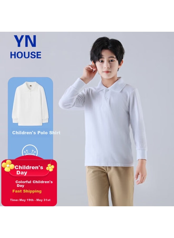 Yinuofang Kids Long Sleeve Polo Shirt Cotton Shirt Uni White Long Sleeve 150 Code - Image 1