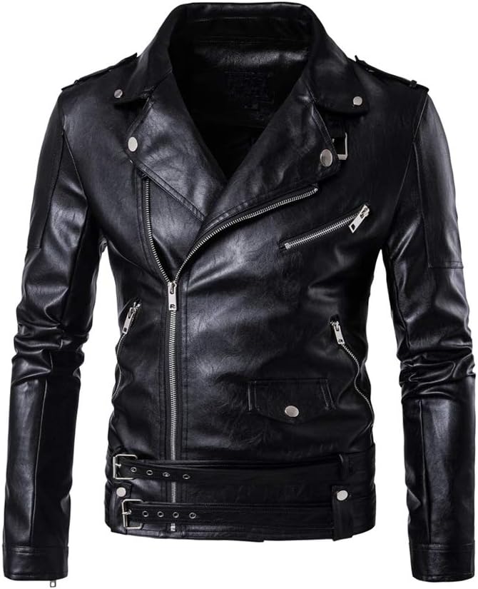 PASOK Men's PU Leather Jacket Causal Belted Faux Leather Motorcycle Jacket Zipper Biker Coat - Image 1