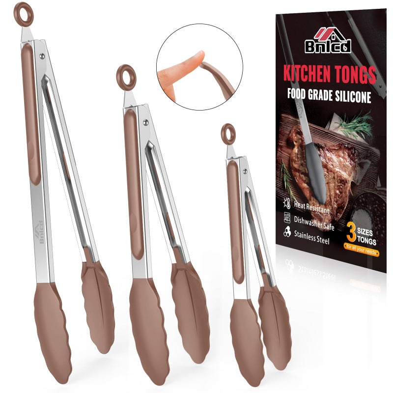 Bnlcd 600ÂºF Heat Resistant Kitchen Tongs, Premium Locking Cooking Tongs with Silicone Tips, Non-Slip Food Tongs for Cooking, Non-Stick, Heavy Duty Stainless Steel Handle, Set of 3-7" 9" and 12" Mud color - Image 1