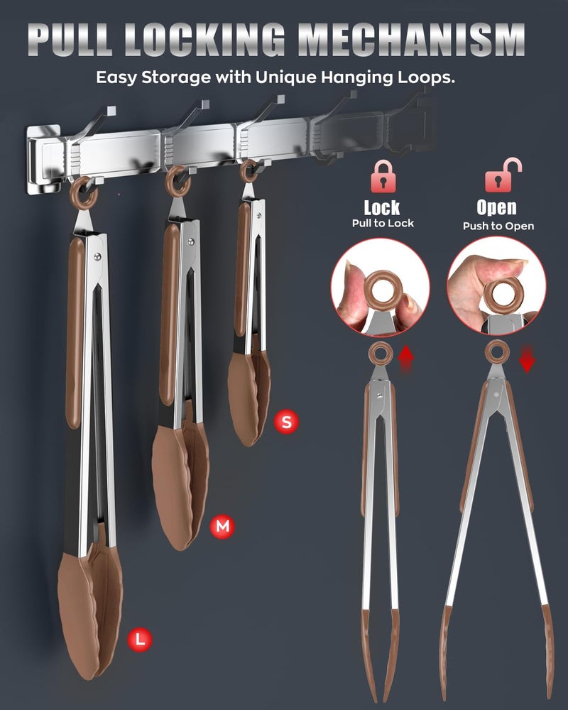 Bnlcd 600ÂºF Heat Resistant Kitchen Tongs, Premium Locking Cooking Tongs with Silicone Tips, Non-Slip Food Tongs for Cooking, Non-Stick, Heavy Duty Stainless Steel Handle, Set of 3-7" 9" and 12" Mud color - Image 4