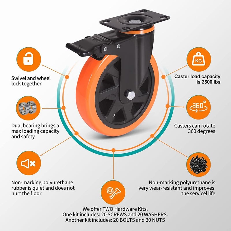 Hepiack HeavyDuty 4 INCH Caster Wheels for Furniture 500kg Capacity PU Swivel Wheels 360 Rotation 2 Break 2 Without wheel 4 Inch 4 PU_Wheels 360 - Image 5