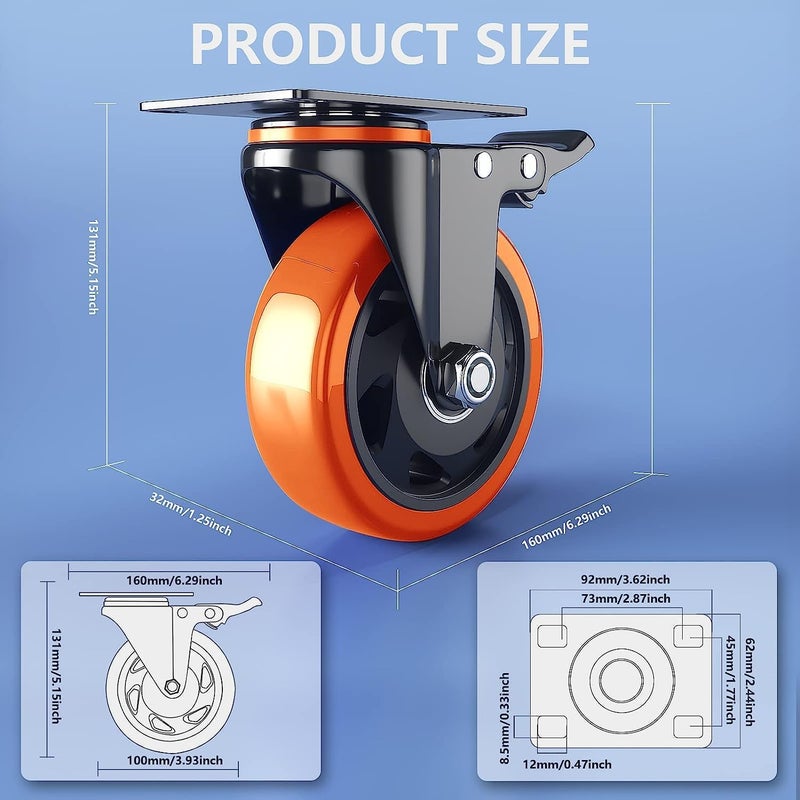 Hepiack HeavyDuty 4 INCH Caster Wheels for Furniture 500kg Capacity PU Swivel Wheels 360 Rotation 2 Break 2 Without wheel 4 Inch 4 PU_Wheels 360 - Image 2