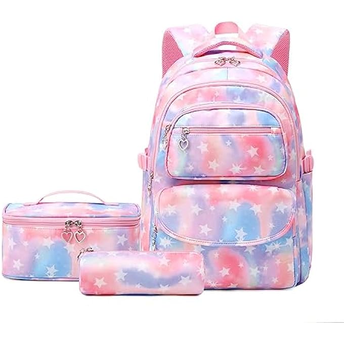rayihni 3Pcs Colorful Star Prints Backpack Sets Kids Bookbag Primary School Middle School Daypack Elementary Students Knapsack for Girls Pink - Image 1