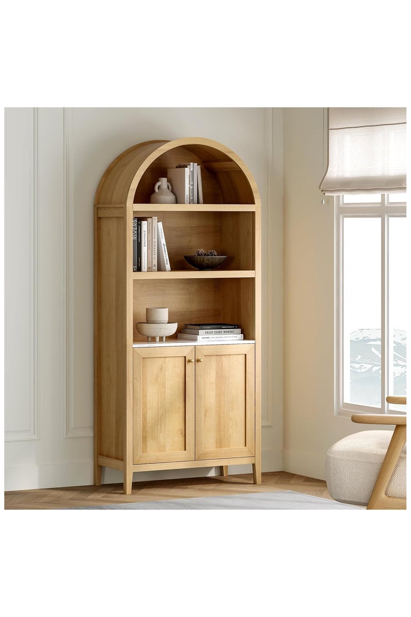Chogori 71" Tall Arched Bookcase, 5-Tier Arched Storage Display Cabinet with Doors and Adjustable Shelves, Modern Farmhouse Bookshelf Kitchen Pantry Cabinets for Living Room Home Office, Natural Oak - Image 1