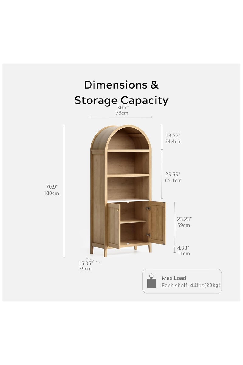 Chogori 71" Tall Arched Bookcase, 5-Tier Arched Storage Display Cabinet with Doors and Adjustable Shelves, Modern Farmhouse Bookshelf Kitchen Pantry Cabinets for Living Room Home Office, Natural Oak - Image 2