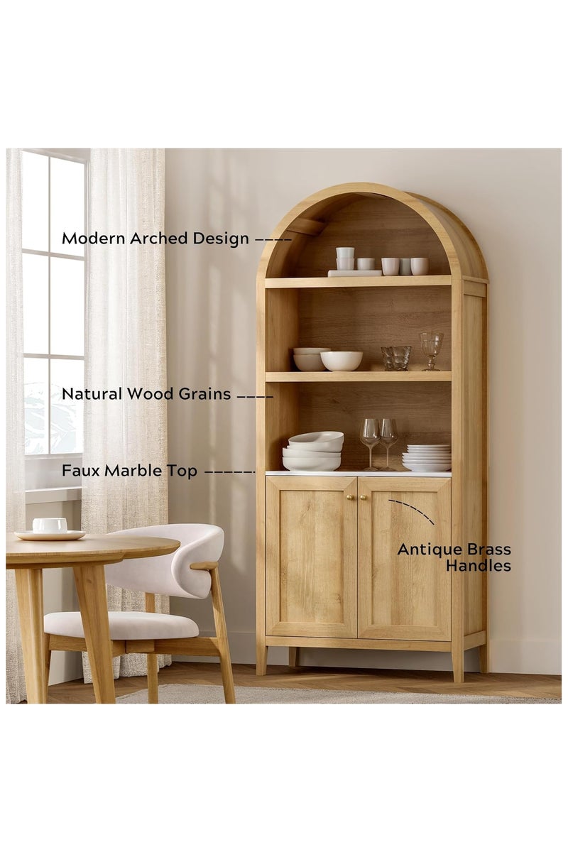Chogori 71" Tall Arched Bookcase, 5-Tier Arched Storage Display Cabinet with Doors and Adjustable Shelves, Modern Farmhouse Bookshelf Kitchen Pantry Cabinets for Living Room Home Office, Natural Oak - Image 3