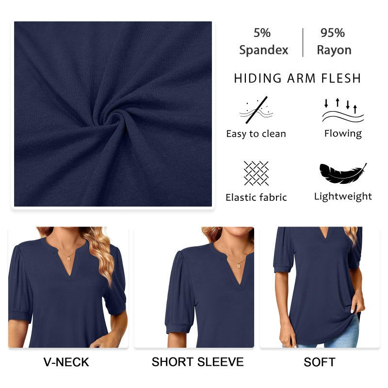 Anyally Womens Casual Notch V-Neck T-Shirts Summer Puff Short Sleeve Tops Cute Work Blouses, XL Carved White + Black - Image 5