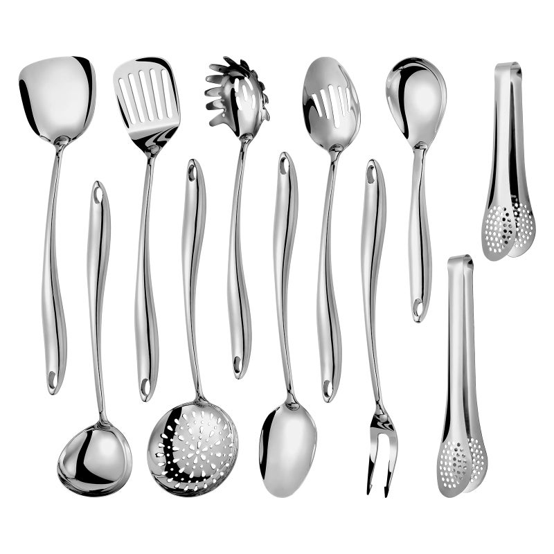 Lazycorner 304 Stainlss Steel Kitchen Utensils Set, 11 Pcs Long Metal Cooking Utensil Gadgets Tools Set with Spatula, Spoon, Ladle, Skimmer, Turner, Pasta Server, Tongs(Mirror Polished, Dishwasher Safe) - Image 1