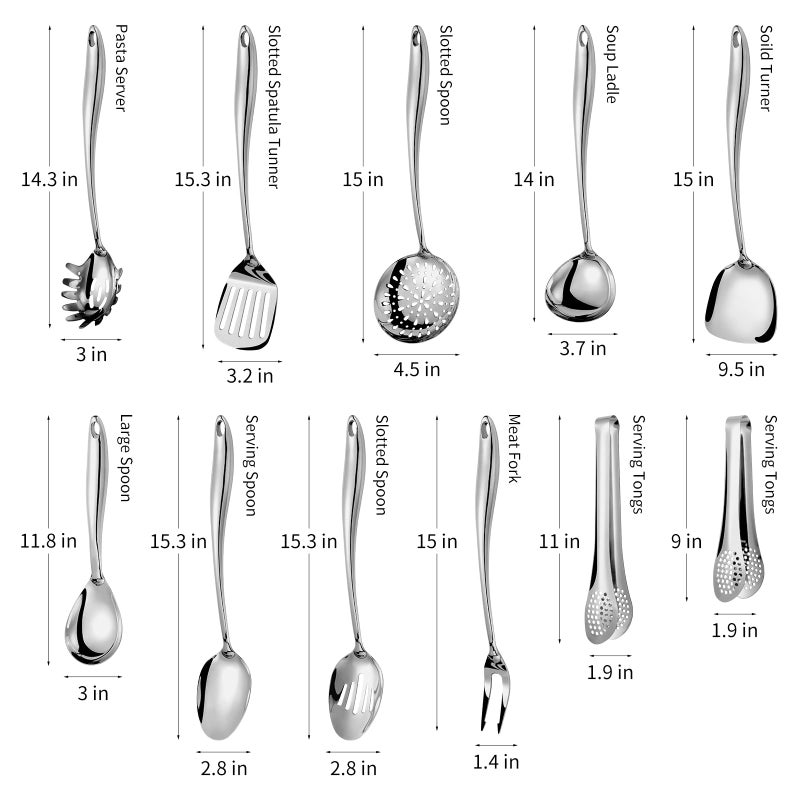 Lazycorner 304 Stainlss Steel Kitchen Utensils Set, 11 Pcs Long Metal Cooking Utensil Gadgets Tools Set with Spatula, Spoon, Ladle, Skimmer, Turner, Pasta Server, Tongs(Mirror Polished, Dishwasher Safe) - Image 2
