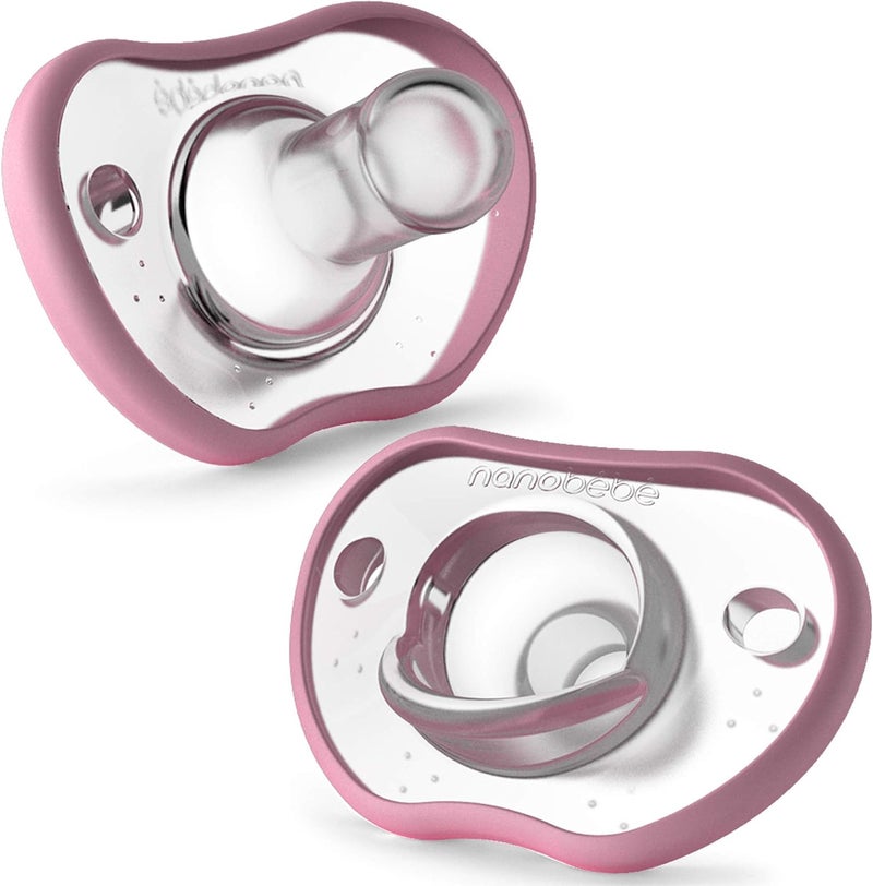 NANOBÉBÉ Baby Pacifiers 0-3 Month Orthodontic, Curves Comfortably with Face Contour, Award Winning for Breastfeeding Babies, 100% Silicone BPA Free. Perfect Baby Registry Gift 2pk, Pink - Image 1