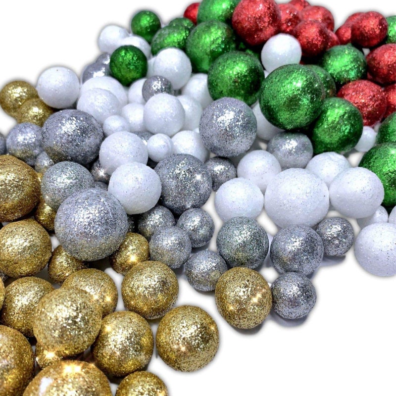 BANBERRY DESIGNS Multi Colored Foam Balls 5 Bag Set  Silver  Red  Green  Gold  White  Glittered Vase Fillers  Party Dcor Balls  Measure 38 to 34 D 