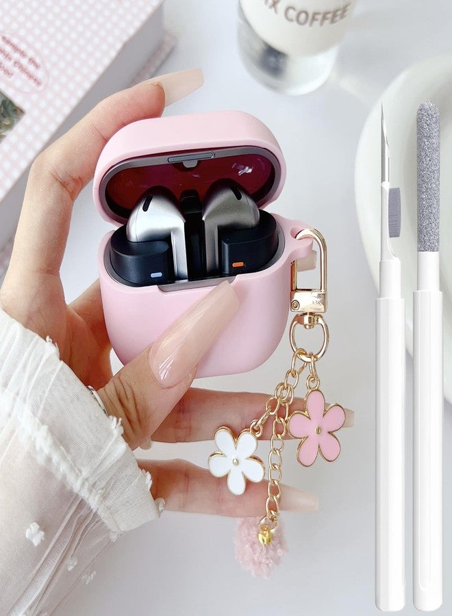OTOPO Cute Pink Case for Samsung Galaxy Buds 3/3 Pro/3 FE Cover for Girl Women with Pom pom Flower Keychain & Cleaner Pen, Soft Silicone Galaxy Bud Pro 3/Buds3/Bud 3 FE Protective Cover Skin - Image 1