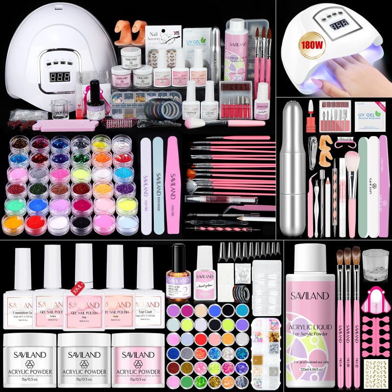 Saviland Acrylic Nail Kit for Beginners: Keratin Acrylic Powder Castor Oil Vitamin E Gel Nail Polish Primer 180W Nail Lamp Nail Drill Full Tools Everything Home Starters - Image 1