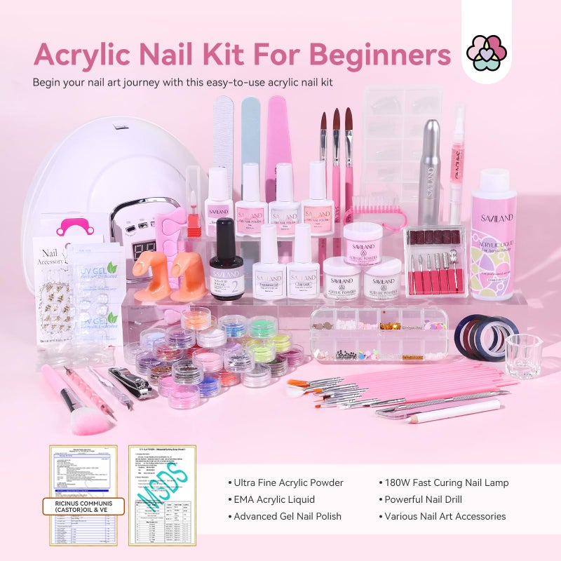 Saviland Acrylic Nail Kit for Beginners: Keratin Acrylic Powder Castor Oil Vitamin E Gel Nail Polish Primer 180W Nail Lamp Nail Drill Full Tools Everything Home Starters - Image 2
