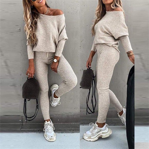 Spot 2022 European and American foreign trade solid color fashion casual lace slant shoulder sports pants long suit women Blue  - Image 4