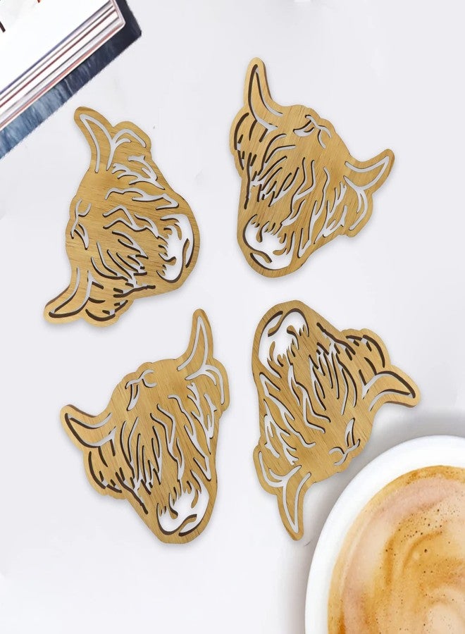 Laisgee Highland Cow Coasters Wooden Scottish Cattle Drink Holders Farmhouse Animal Fuzzy Cow Coasters Bull Lover Gifts Farmyard Set of 4 - Image 3