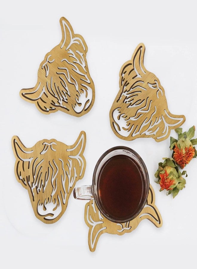 Laisgee Highland Cow Coasters Wooden Scottish Cattle Drink Holders Farmhouse Animal Fuzzy Cow Coasters Bull Lover Gifts Farmyard Set of 4 - Image 1