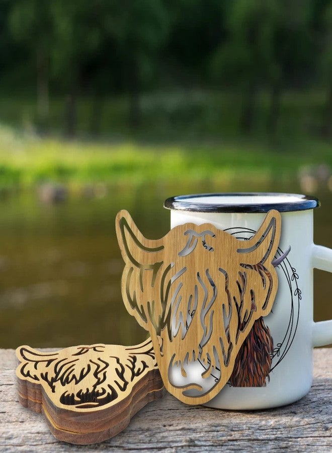 Laisgee Highland Cow Coasters Wooden Scottish Cattle Drink Holders Farmhouse Animal Fuzzy Cow Coasters Bull Lover Gifts Farmyard Set of 4 - Image 4