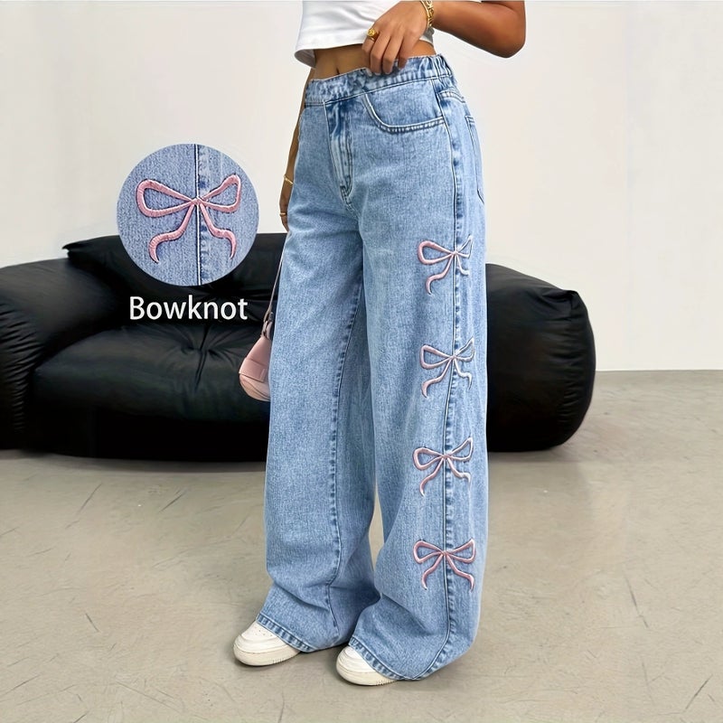 Women's Straight Leg Bow Jeans, Washed - Image 3
