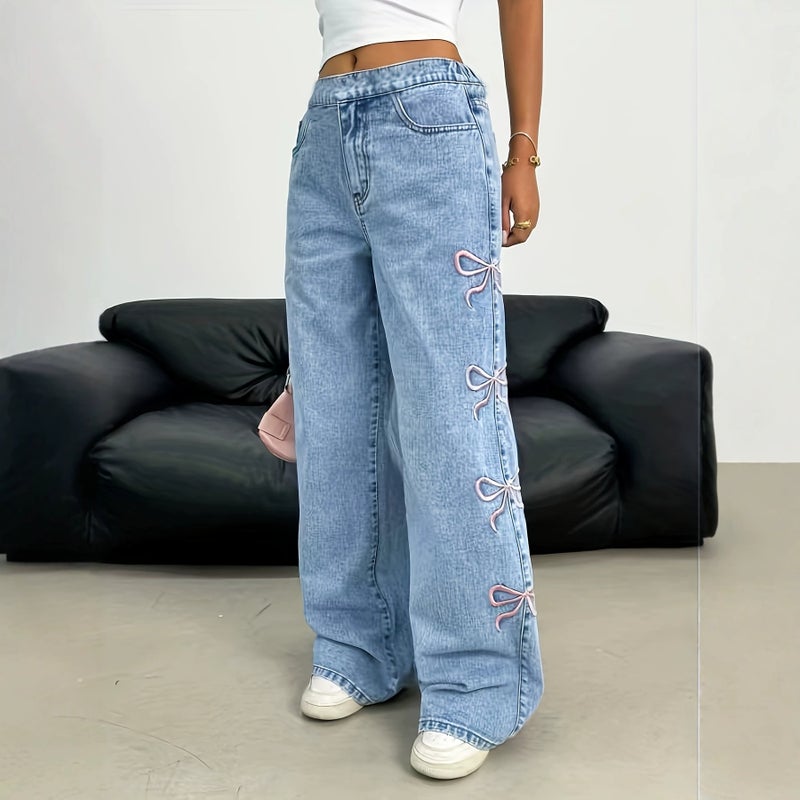 Women's Straight Leg Bow Jeans, Washed - Image 2