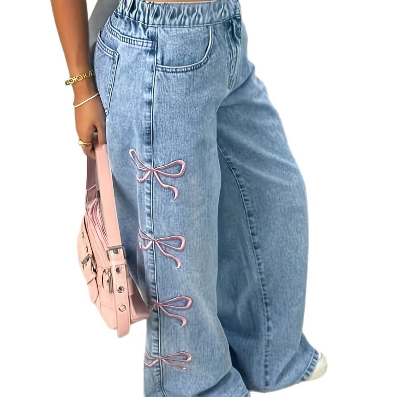 Women's Straight Leg Bow Jeans, Washed - Image 5