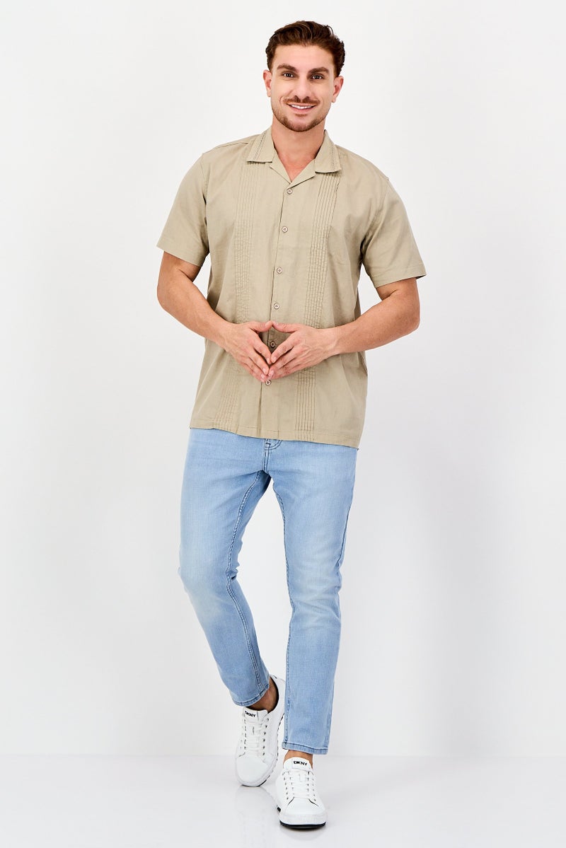 Threadbare Men Regular Fit Pleated Short Sleeve Casual Shirt, Khaki - Image 2