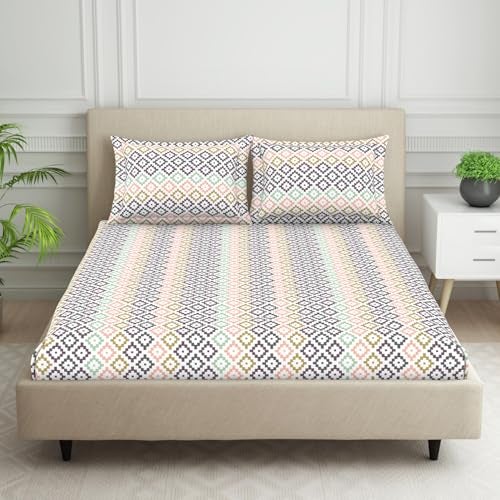 Welspun 120 TC Cotton Blend Bedsheet for Double Bed with 2 Pillow Cover | Skin Safe & Super Soft Queen Size Bed Sheet | (224 X 254 CM) - Geometric Pink | Harmony - Image 1