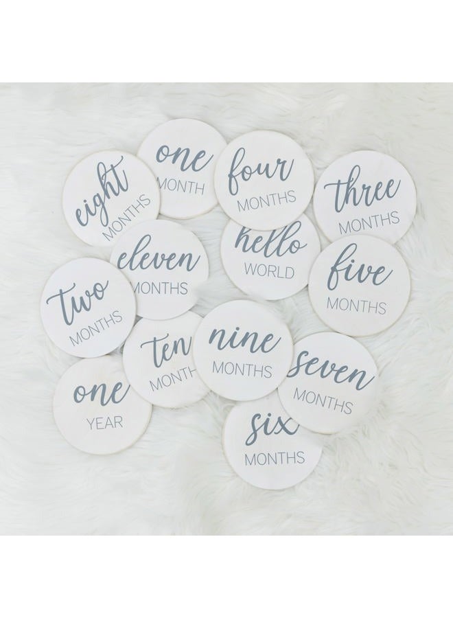 Pondering Pine Natural Baby Milestone Discs - White Stain Wood Milestone Disc Set with Bag and Hello World Announcement Card - 13 Wooden Milestones Cards, Newborn Monthly First Year Picture Props, 1-12 Months - Image 2