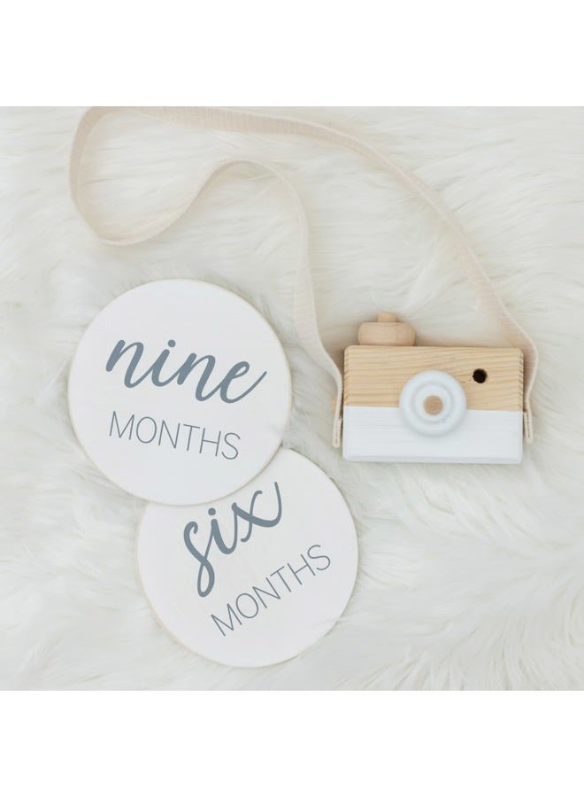 Pondering Pine Natural Baby Milestone Discs - White Stain Wood Milestone Disc Set with Bag and Hello World Announcement Card - 13 Wooden Milestones Cards, Newborn Monthly First Year Picture Props, 1-12 Months - Image 4