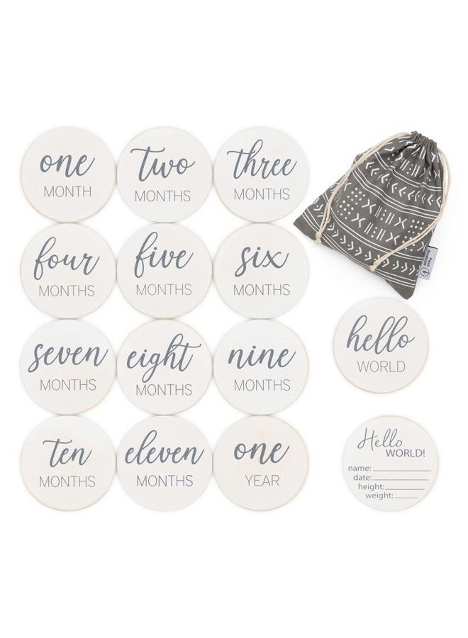 Pondering Pine Natural Baby Milestone Discs - White Stain Wood Milestone Disc Set with Bag and Hello World Announcement Card - 13 Wooden Milestones Cards, Newborn Monthly First Year Picture Props, 1-12 Months - Image 1