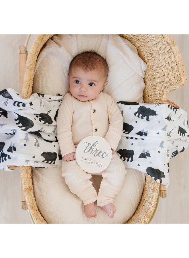 Pondering Pine Natural Baby Milestone Discs - White Stain Wood Milestone Disc Set with Bag and Hello World Announcement Card - 13 Wooden Milestones Cards, Newborn Monthly First Year Picture Props, 1-12 Months - Image 3